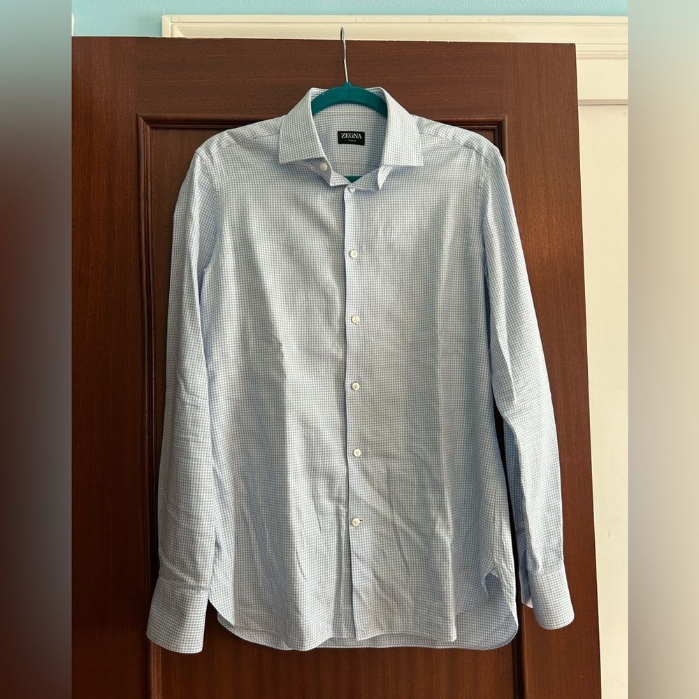 Zegna Blue and White Checkered Dress Shirt